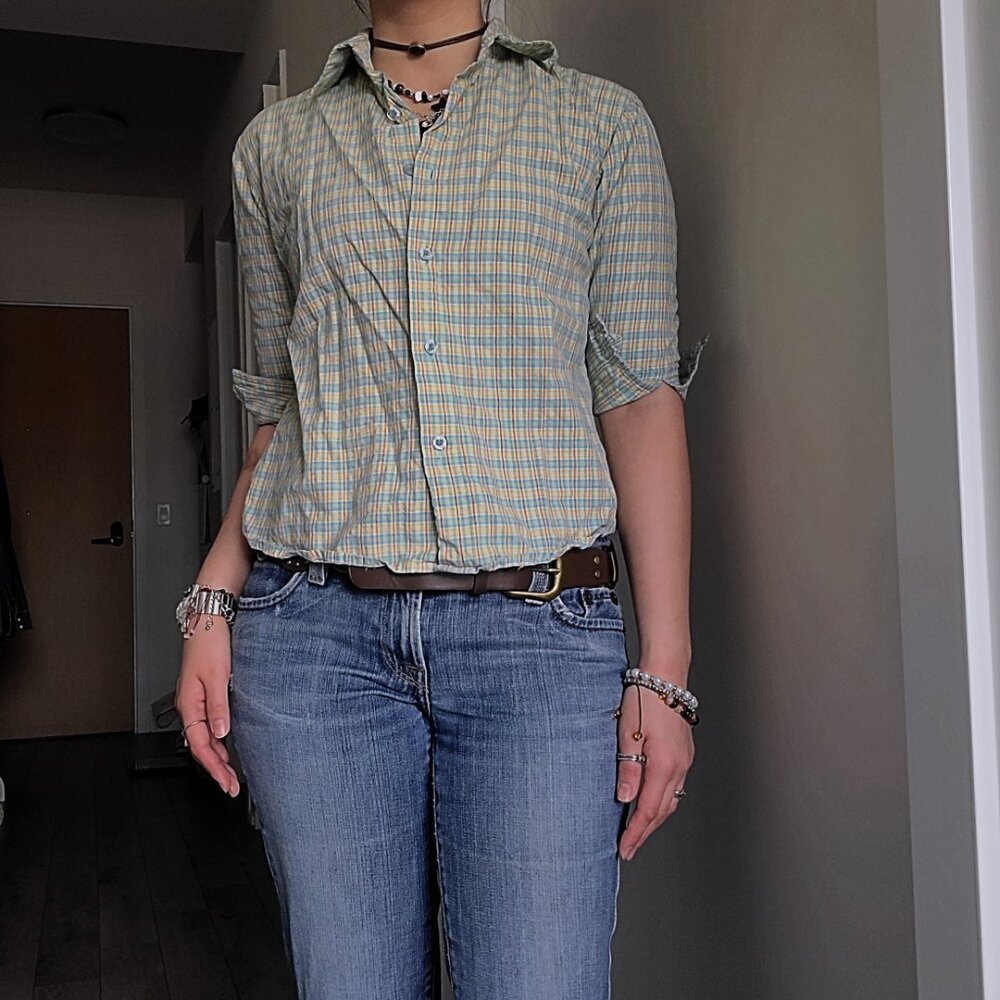 Quiksilver Yellow Blue 3/4 Sleeve Button-Up Crop Shirt